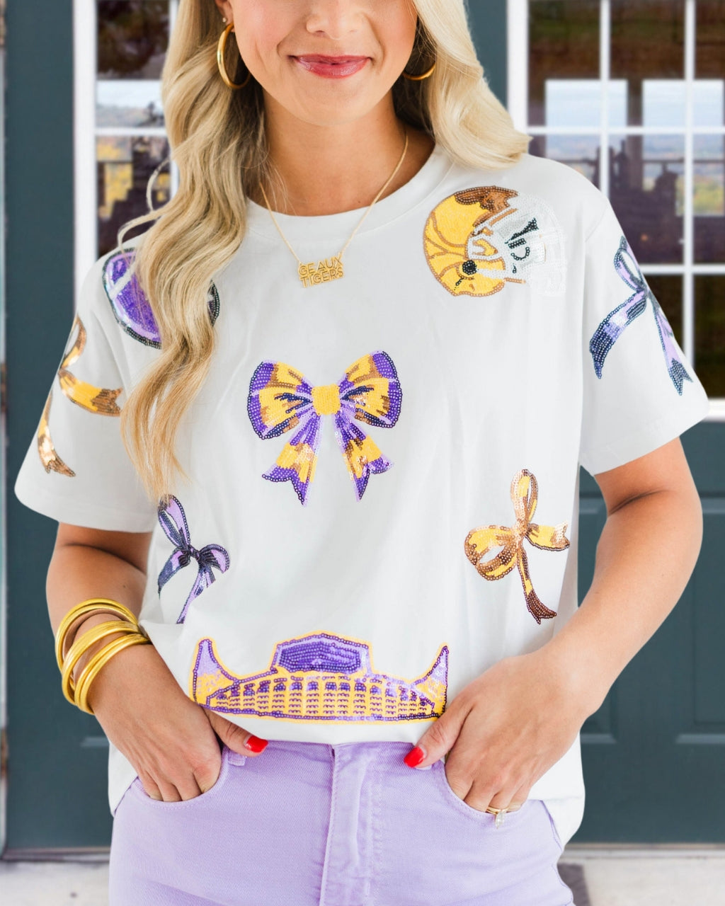 LSU Game Day Sequin Bow Tee