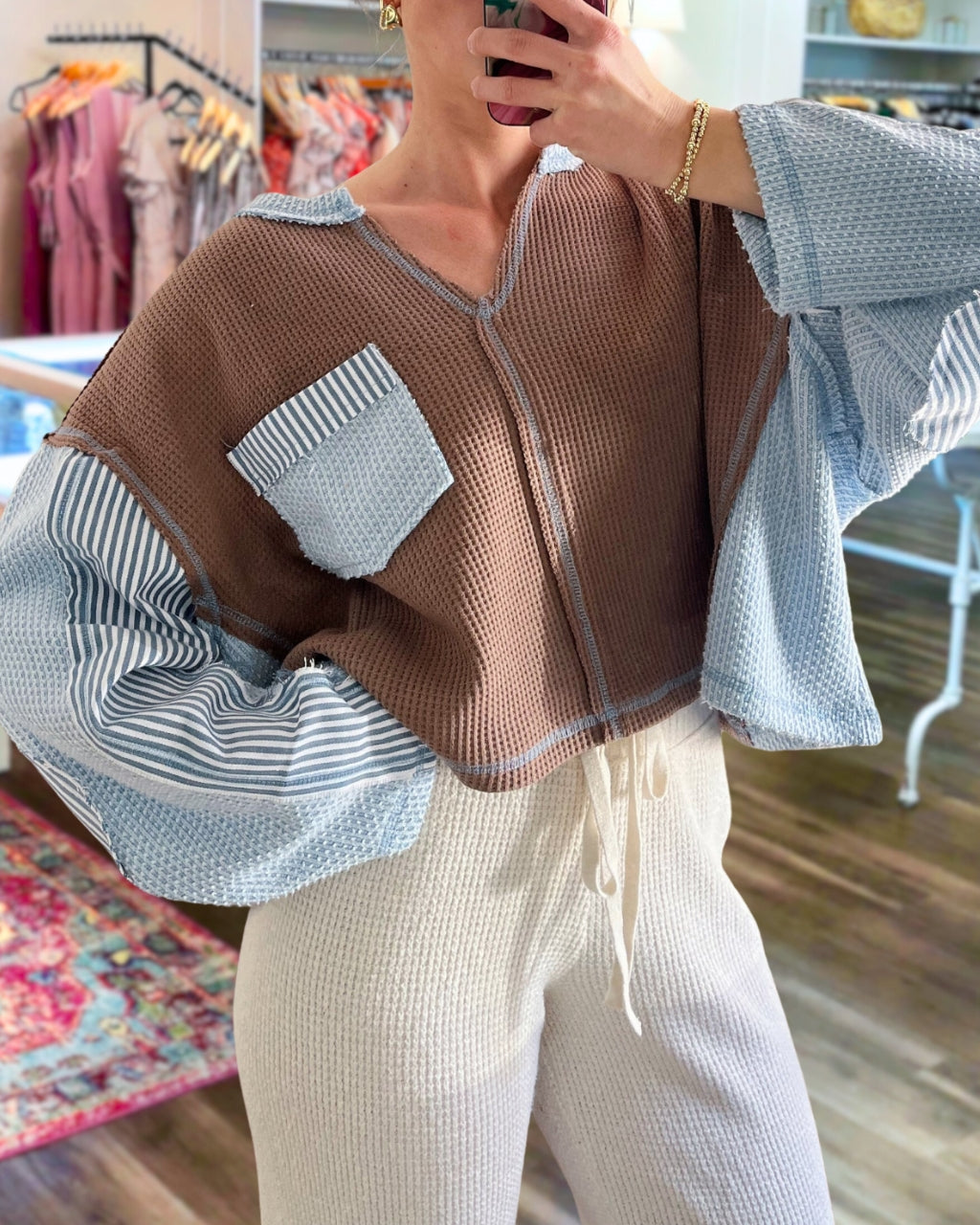 Chic Waffle Striped Henley Top