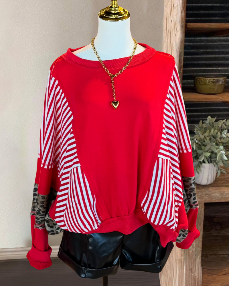 Oversized Striped Leopard Crewneck Sweatshirt