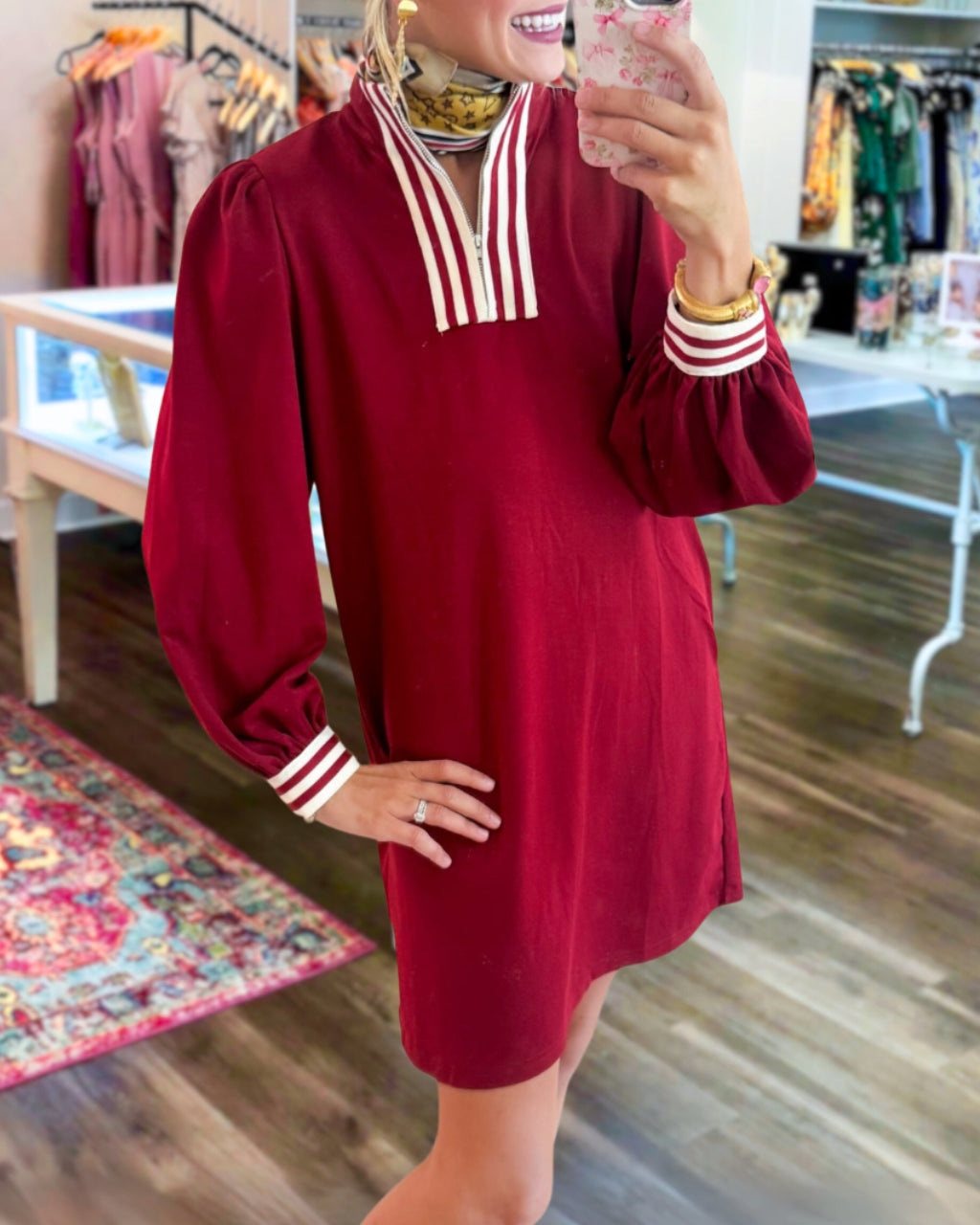 Stripe Contrast Half Zip Casual Dress