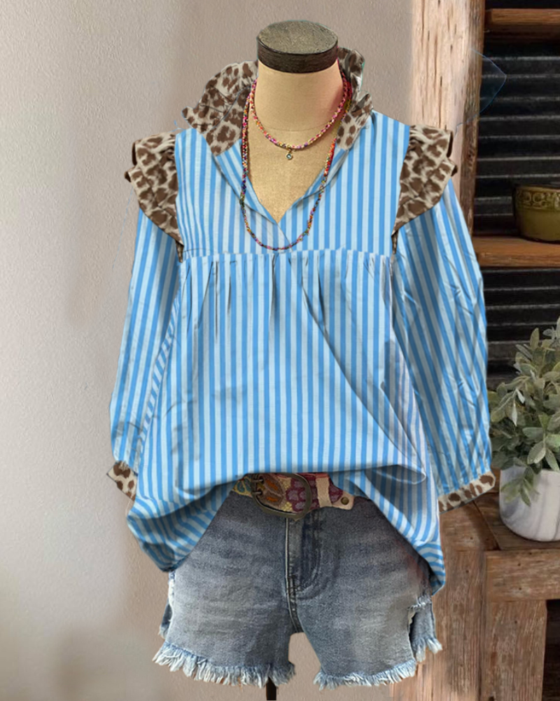Leopard Ruffled Striped Top