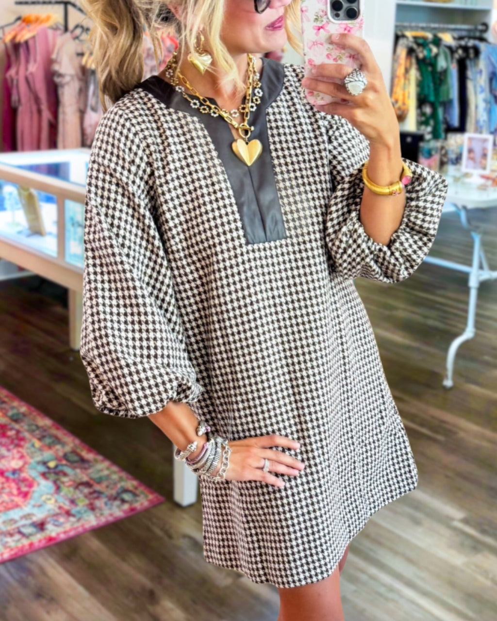 Faux Leather-Trimmed Houndstooth Dress