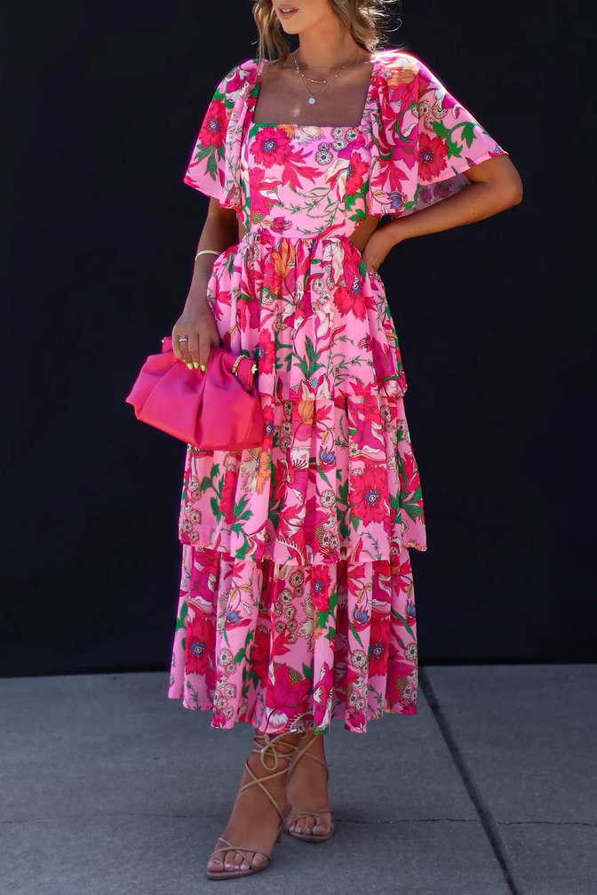 Floral Tiered Cutout Midi Dress