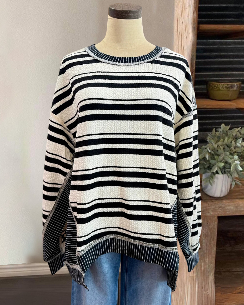 Oversized Colorblock Striped Pleated Sweatshirt