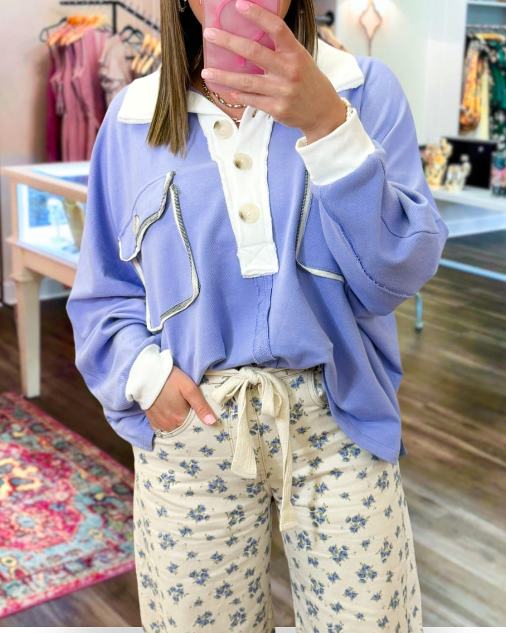 Trendy Front Pockets Henley Sweatshirt