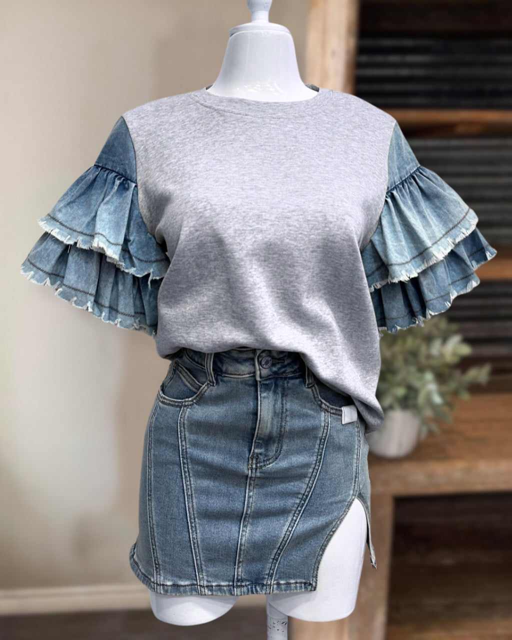 Denim Ruffle Sleeves Tee