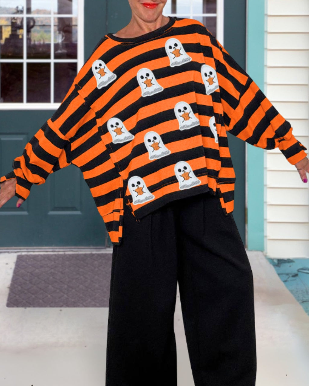 Fun Halloween Ghost Sequin Striped Top