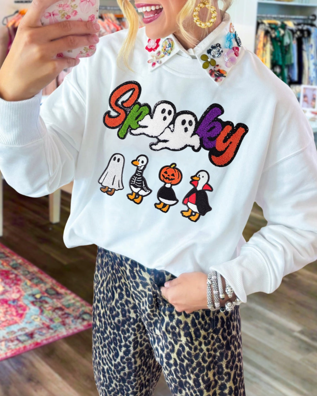 Playful Duck Spooky Sequin Pullover