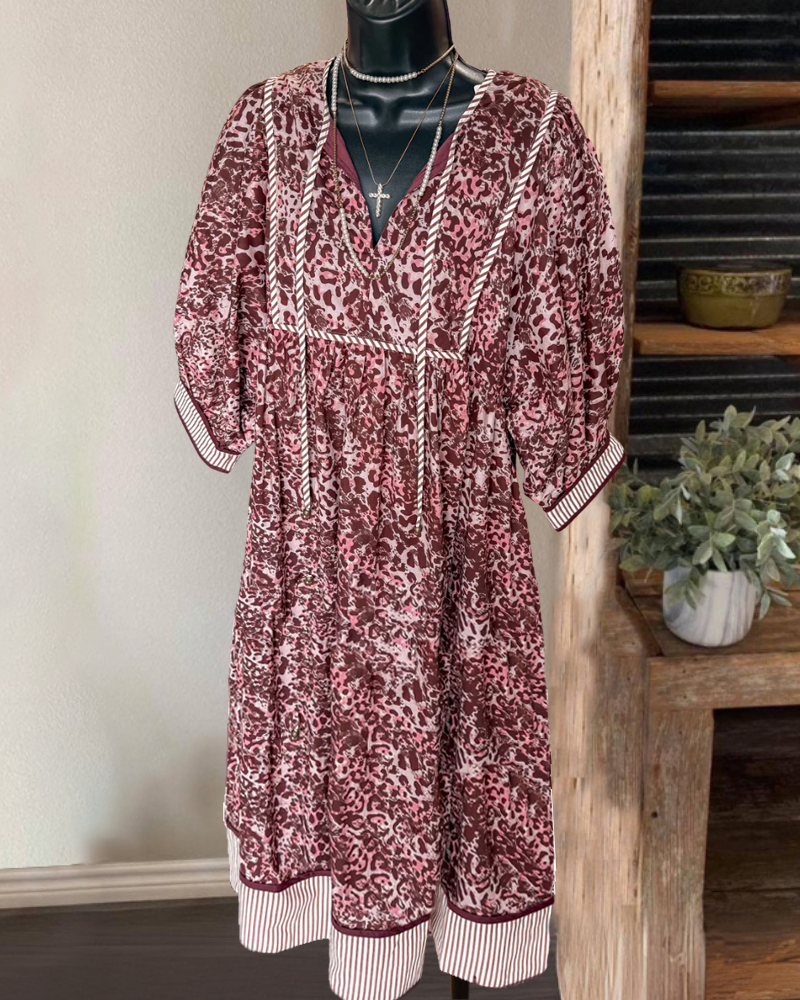 Leopard Stripe Trim V-neck Dress