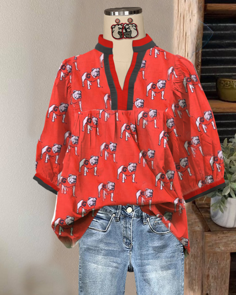 Bulldog Stripe Trim V-Neck Top