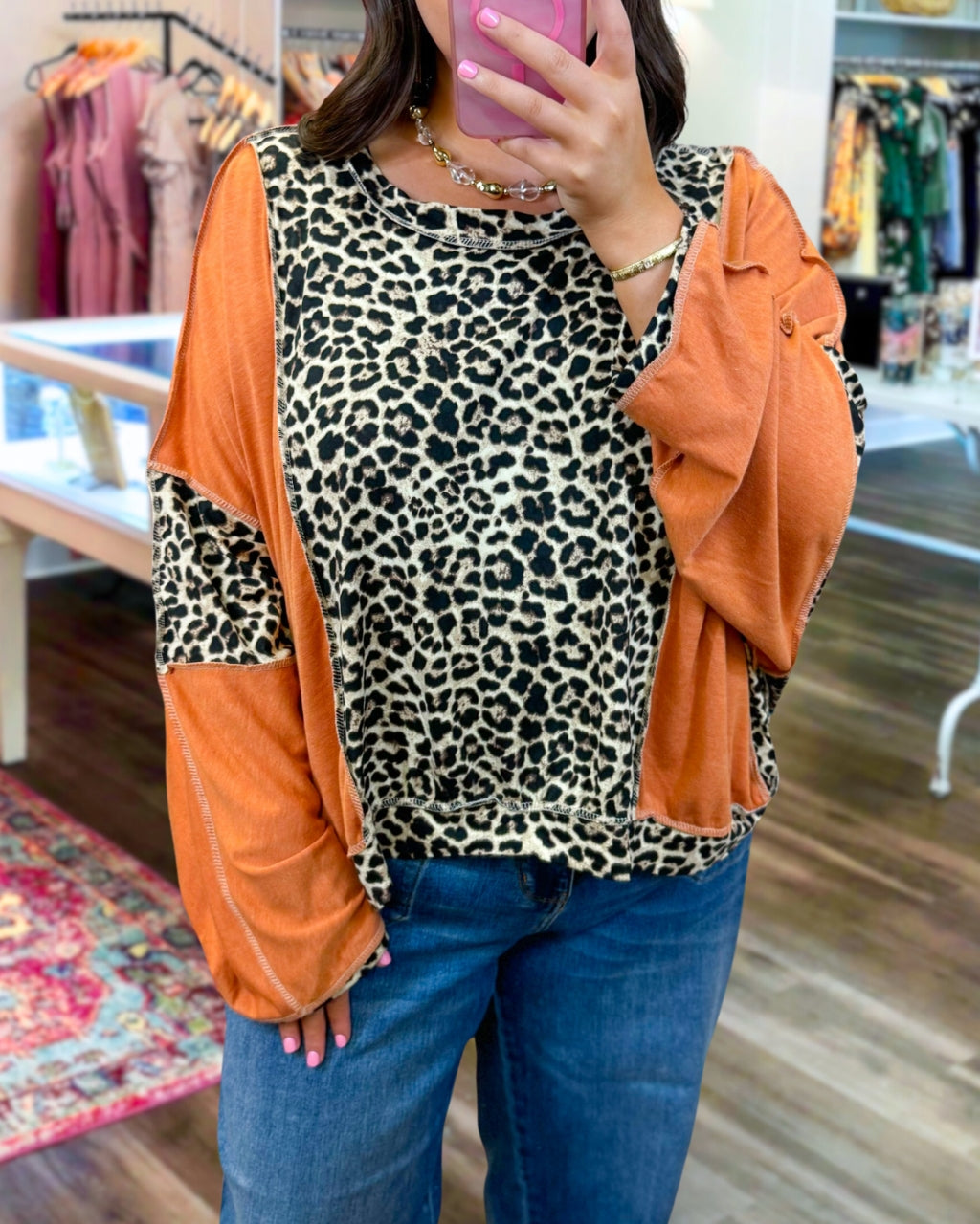 Leopard Colorblock Drop Sleeve Top