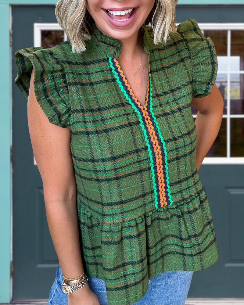 Ruffled Wave Trim Plaid Top