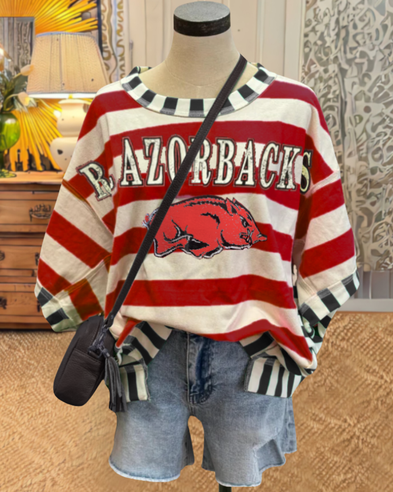 RAZORBACKS Embroidered Contrast Stripe Top