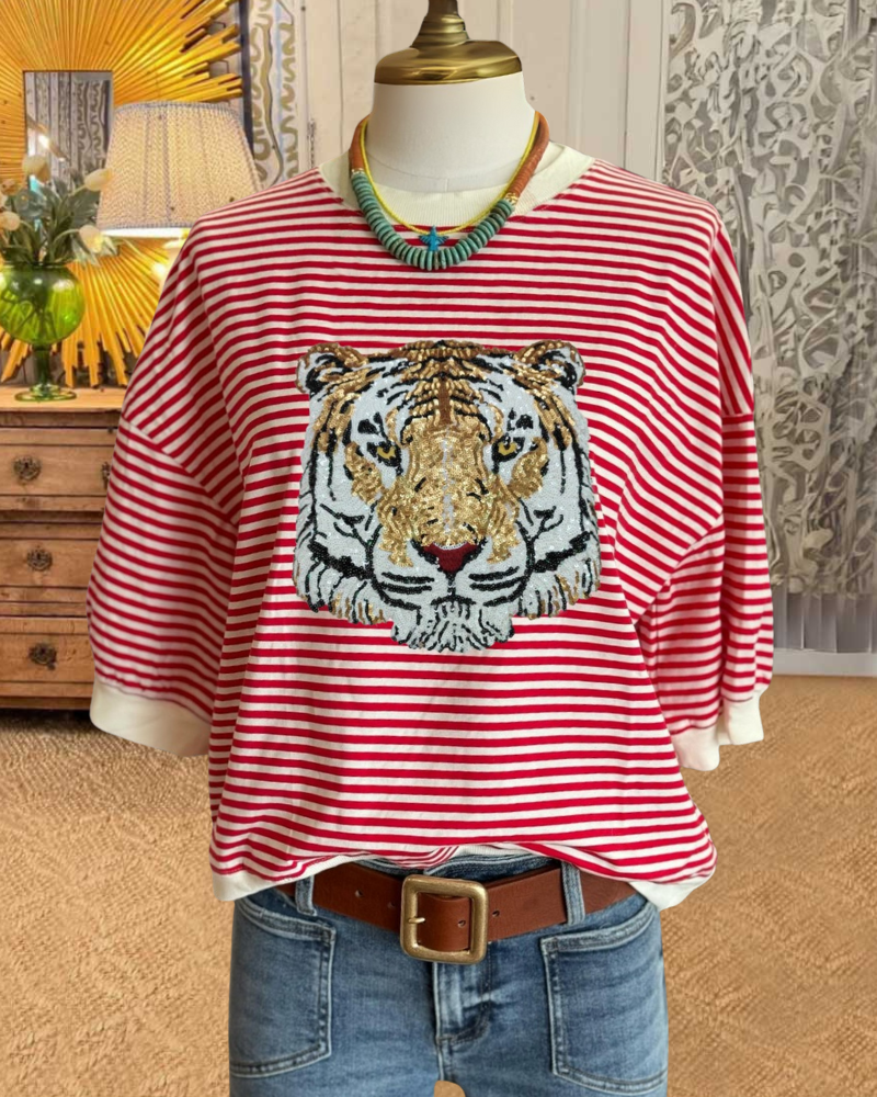 Tiger Sequins Striped Tee