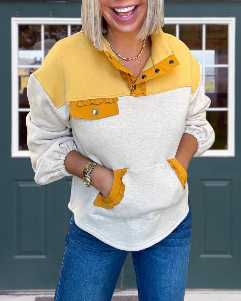 Trendy Colorblock Ruffle Trim Pullover