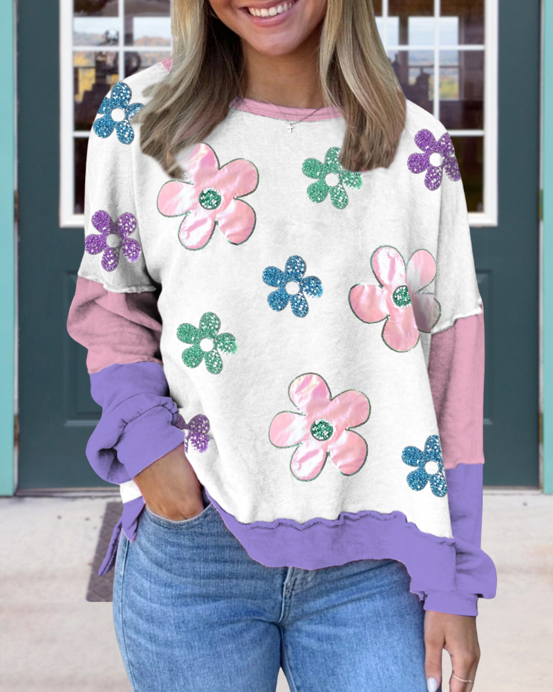 Sparkling Floral Sequin Patch Sweatshirt