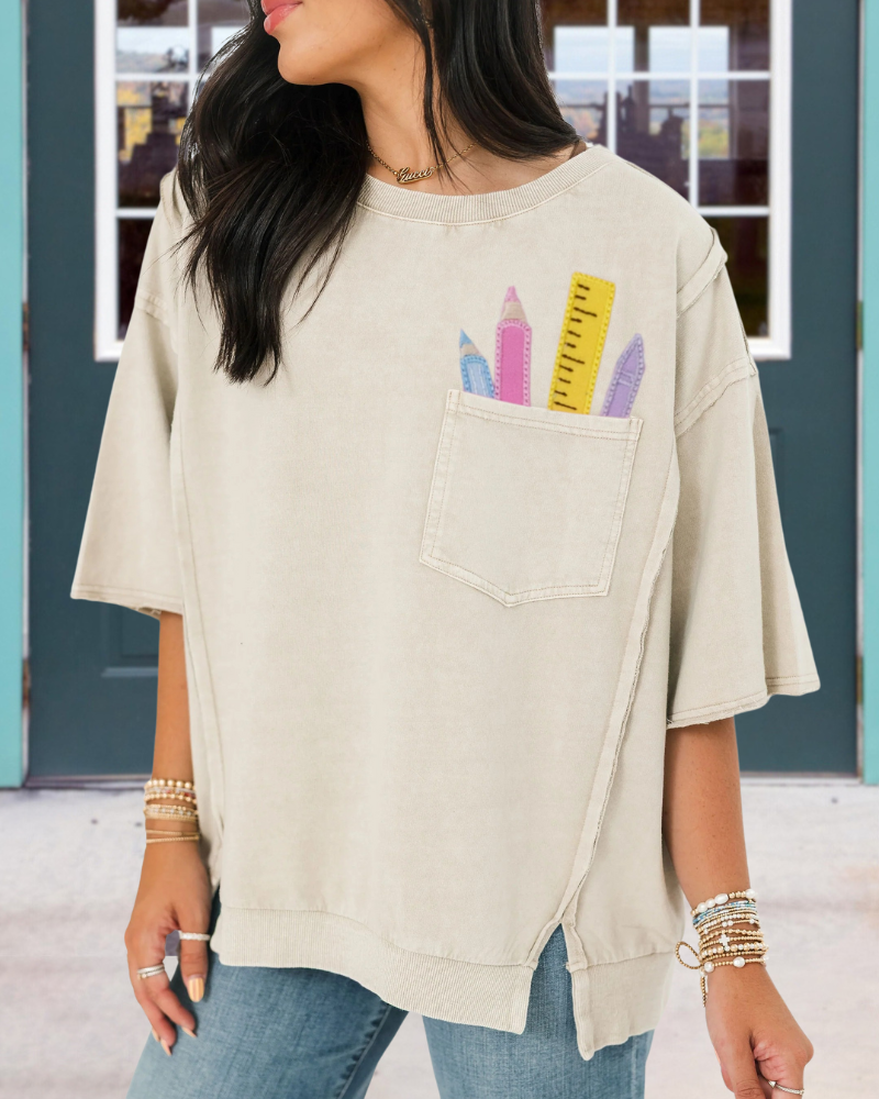School Supplies Embroidered Pocket Top