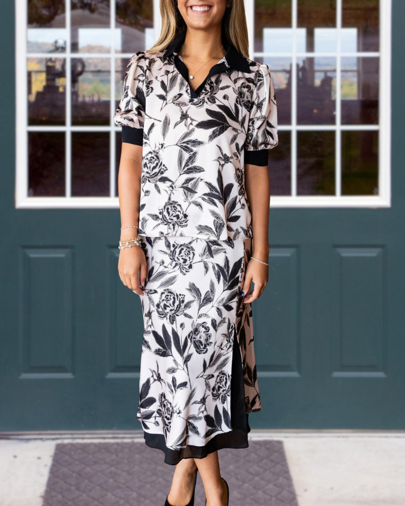 Classical Ink Floral Leaf Satin Dress