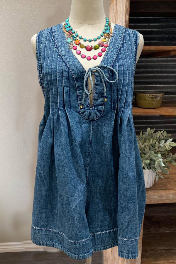 Pleated Detail Denim Mini Romper