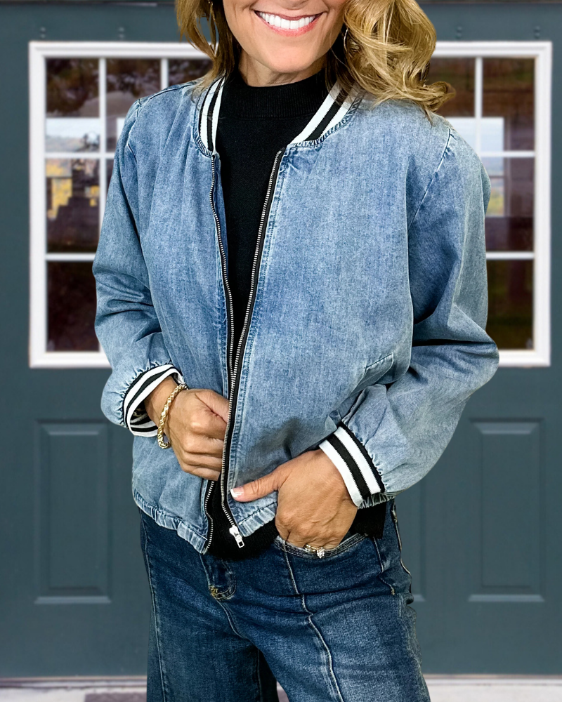 Striped Trim Zip-Up Denim Jacket