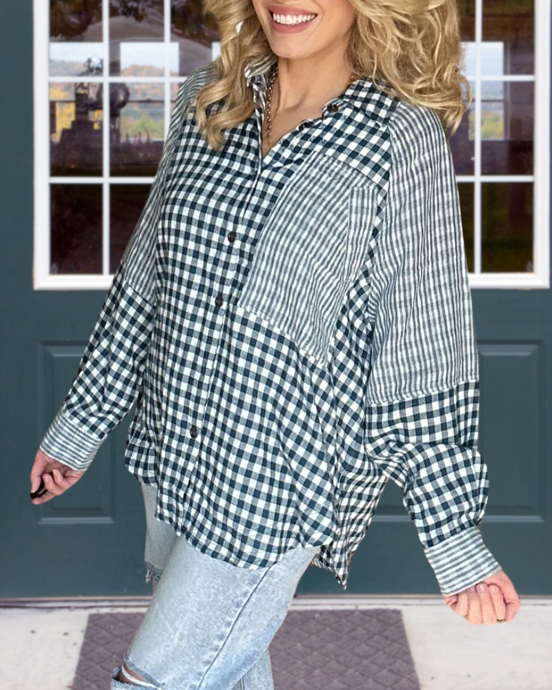 Oversized Patchwork Plaid Striped Shirt