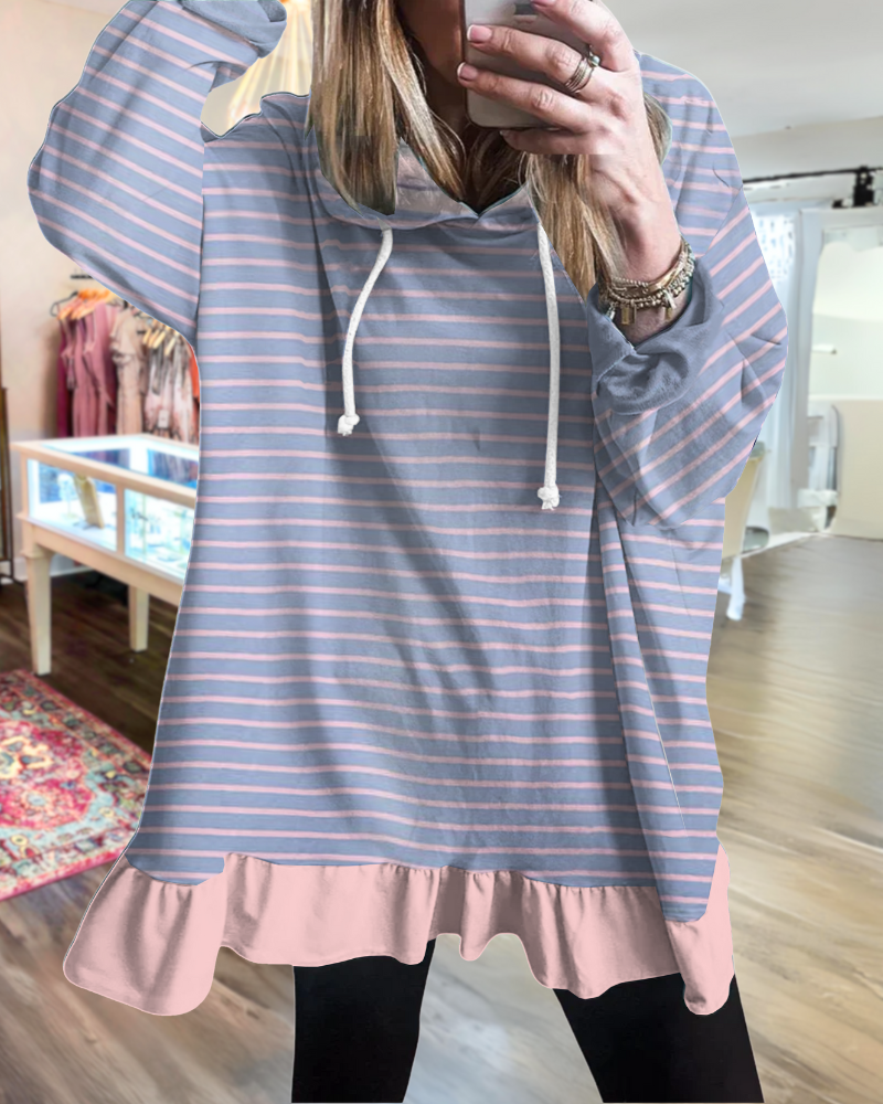 Casual Striped Ruffle Hoodie