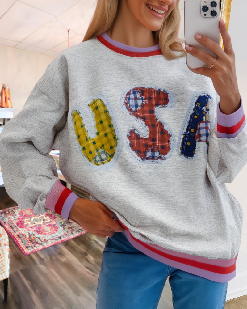 USA Patch Contrast Trim Sweatshirt