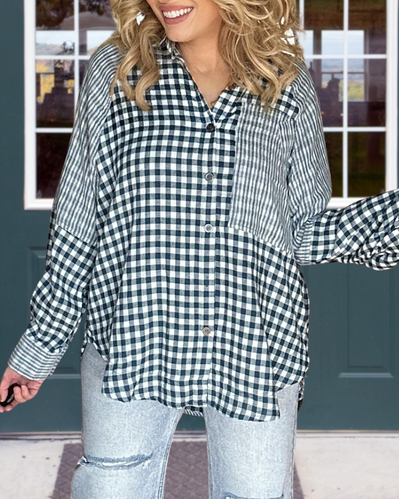 Oversized Patchwork Plaid Striped Shirt