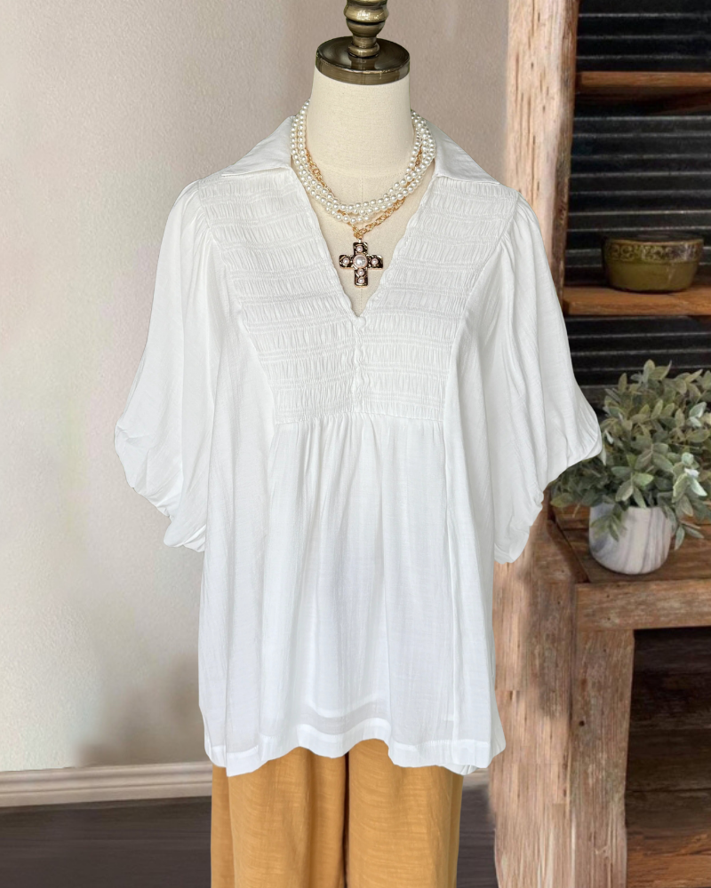 Simple Pleated Linen V-Neck Top