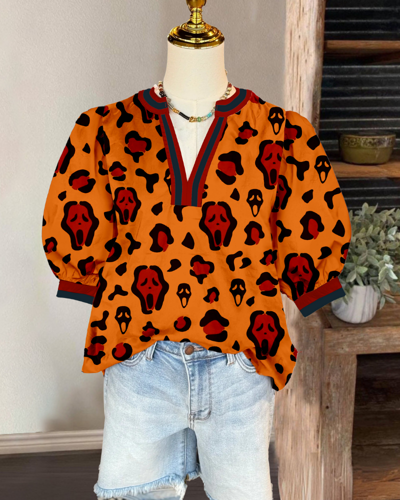 Abstract Skull Leopard Satin Top