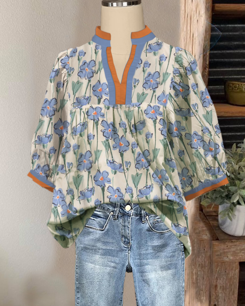 Fresh Floral Striped Trim Top