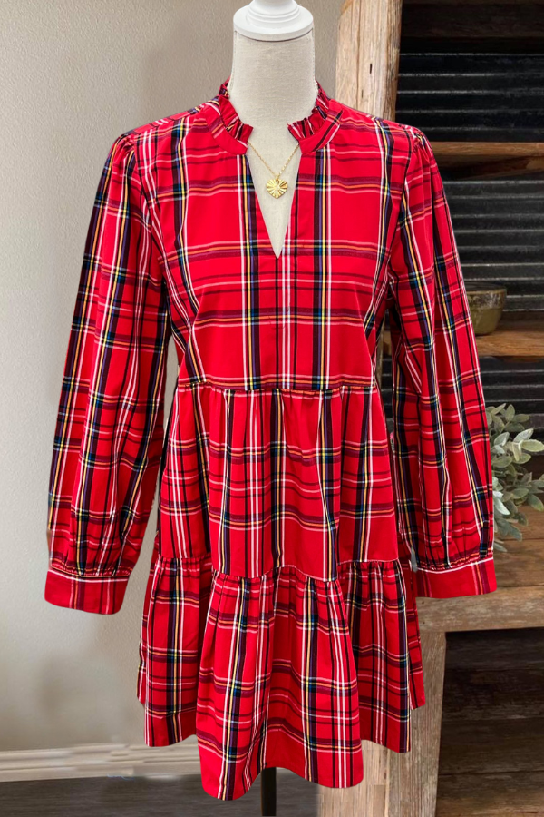 Classic Plaid Layered V-Neck Dress