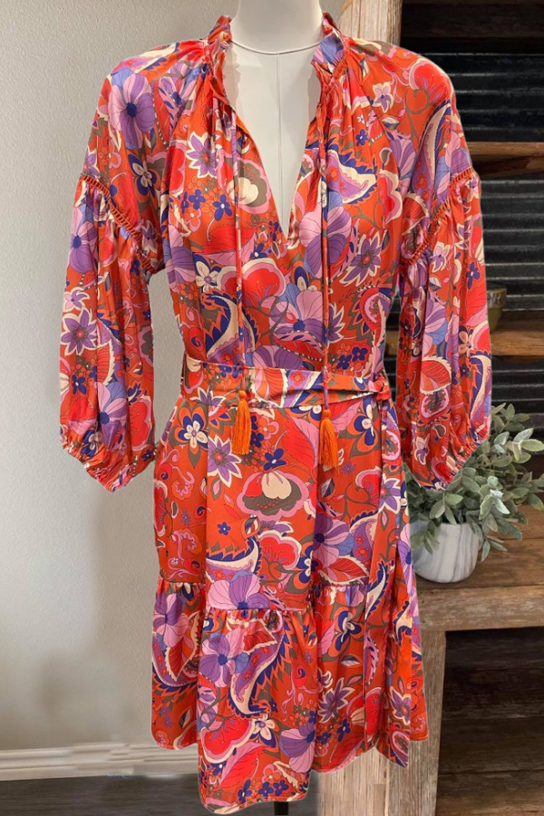 Vibrant Floral V-Neck Midi Dress