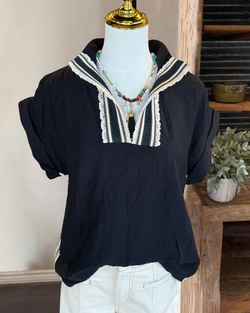 Chic Striped Trim V-neck Top