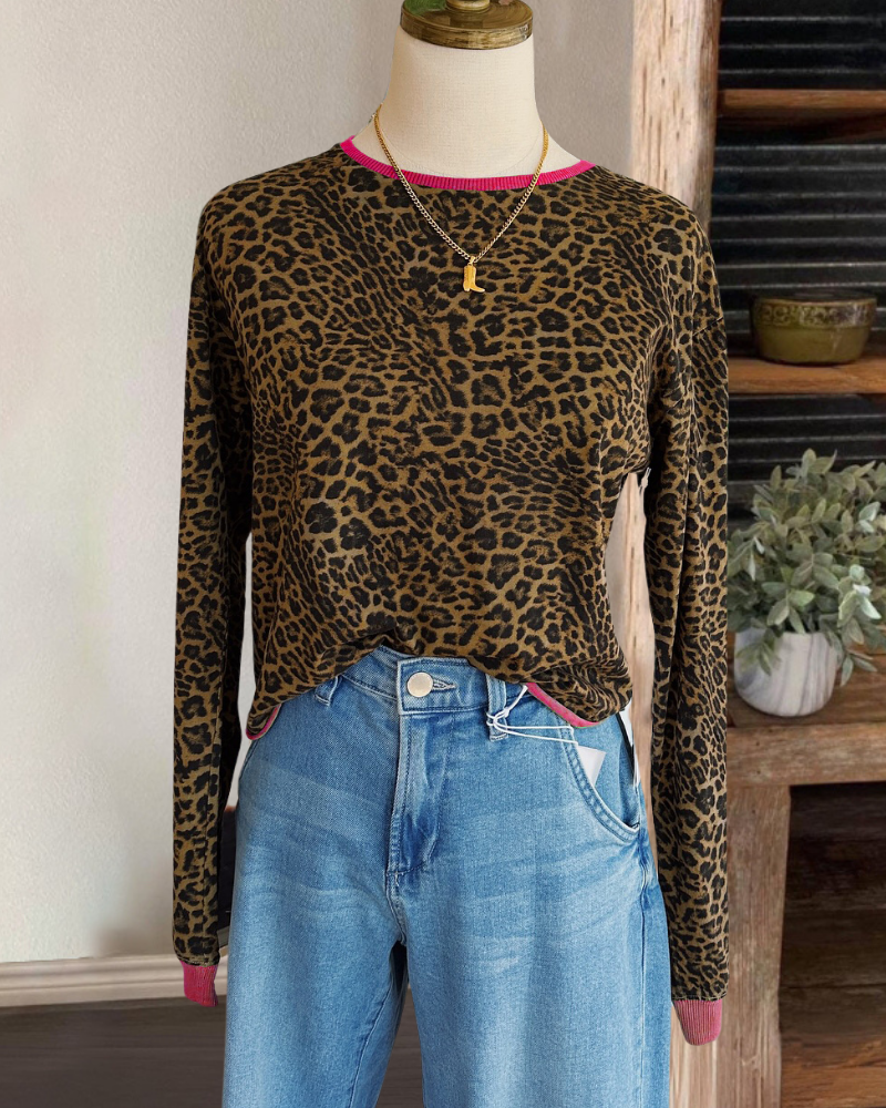 Leopard Print Contrast Trim Top