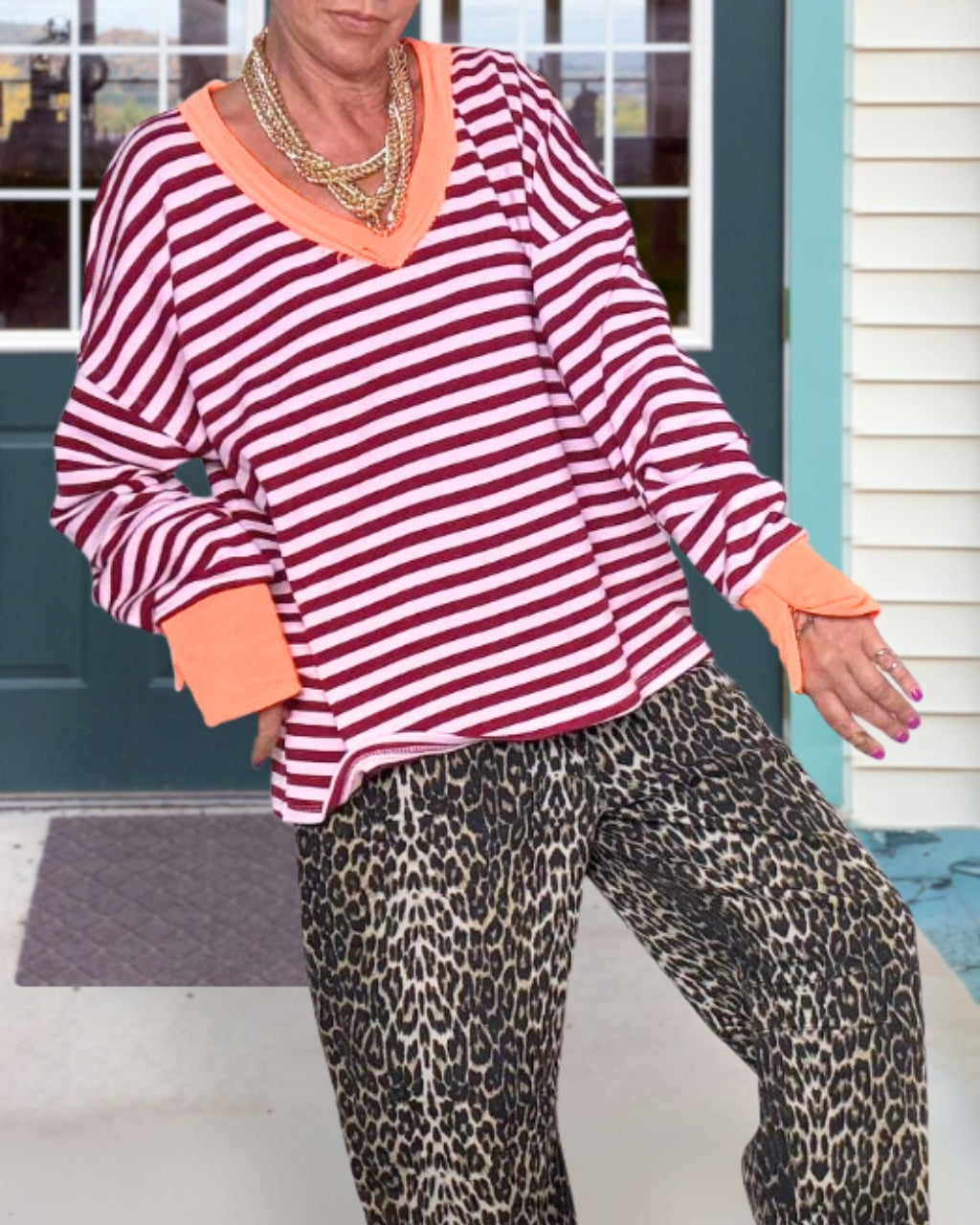 Slouchy V-Neck Striped Top