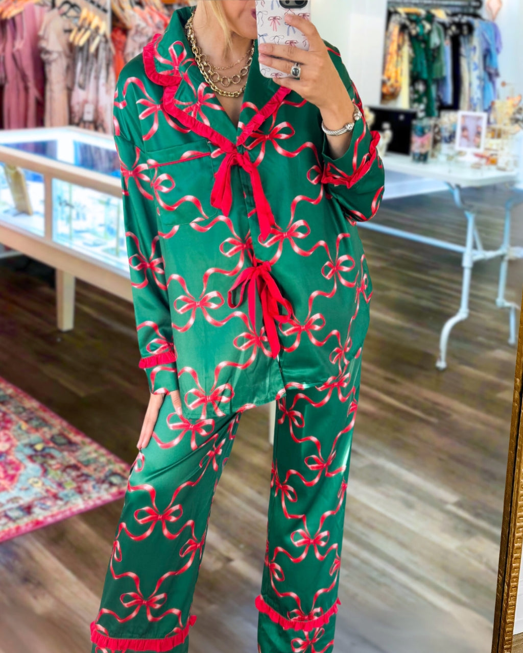 Christmas Ribbon Bow Satin Pajamas Set