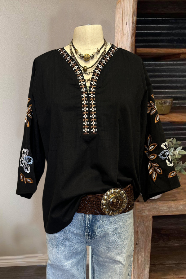 Black Embroidered Sleeve Top