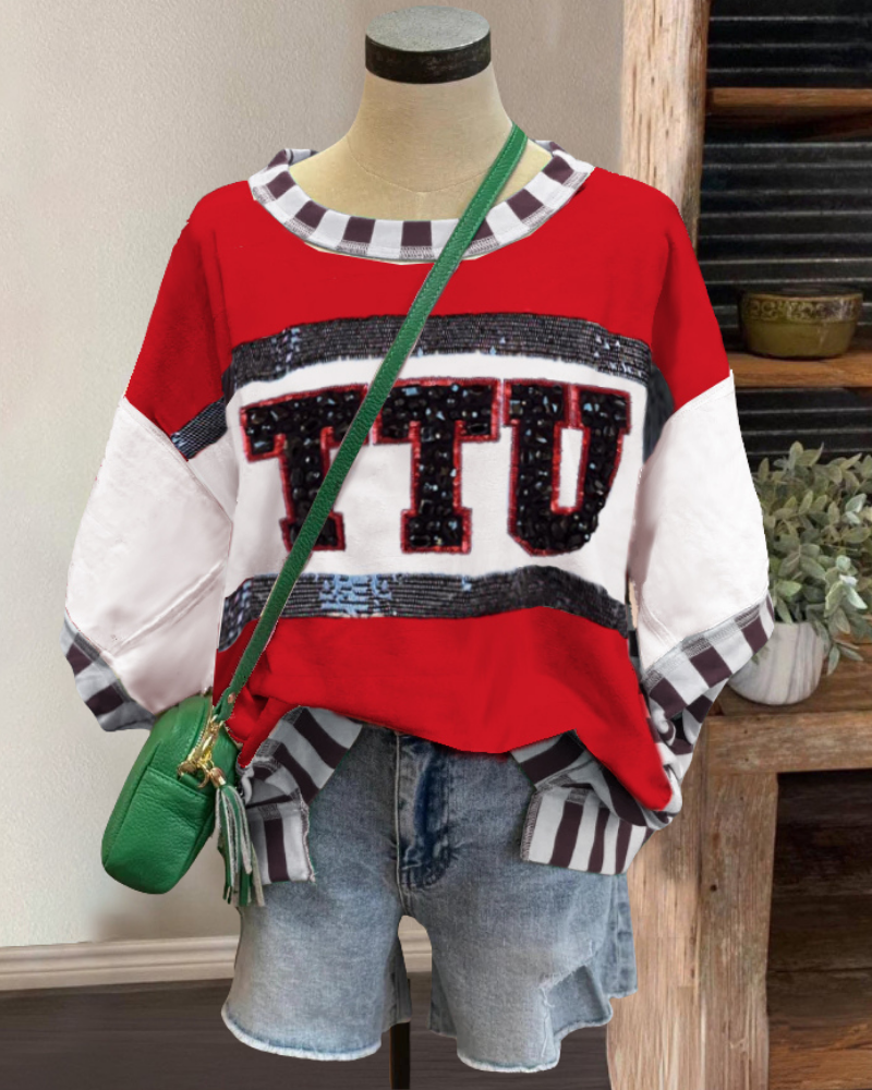 TTU Sequin Stripe Trim T-shirt