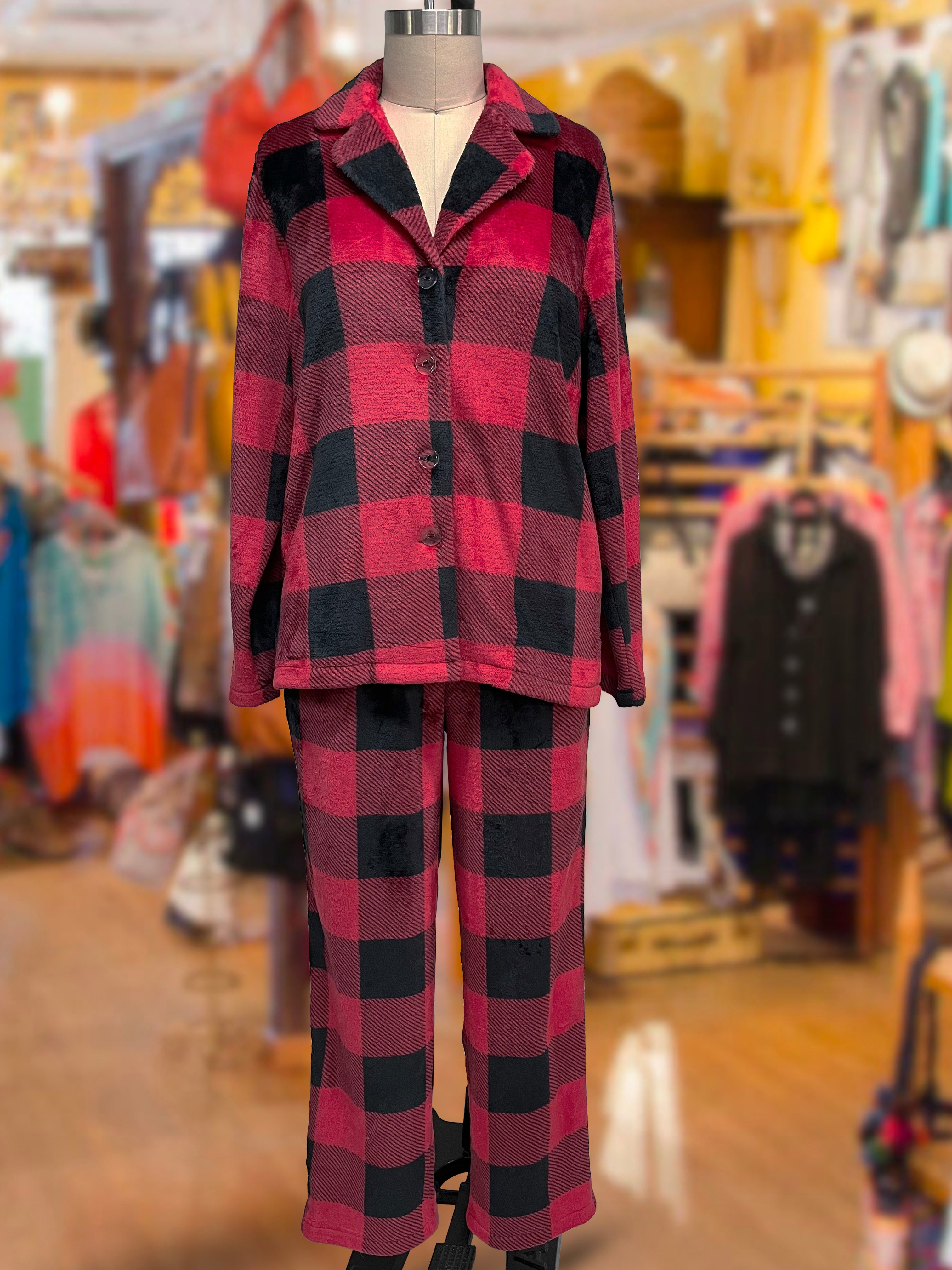 Plush Loungewear Pajama Set Plaid Pattern