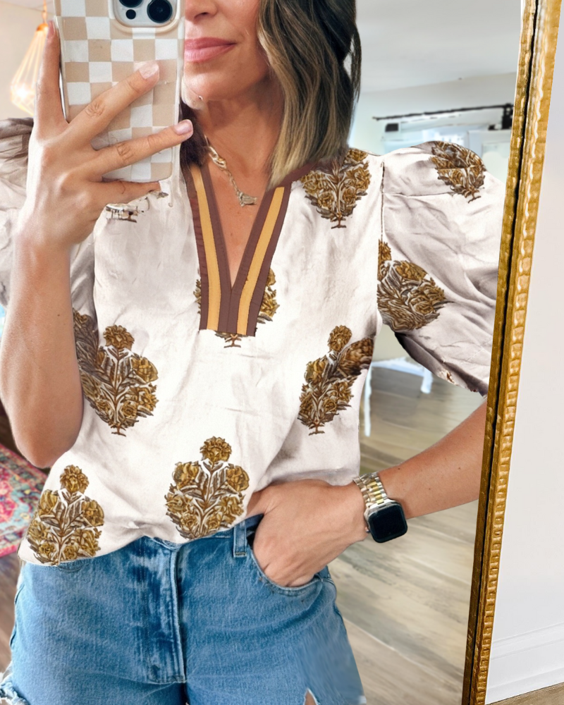 Bouquet Stripe Trim  Satin Top