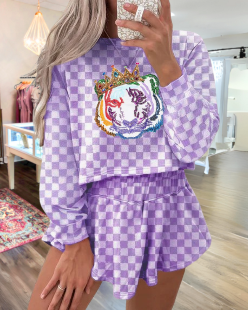 Tiger Crown Sequin Plaid Set