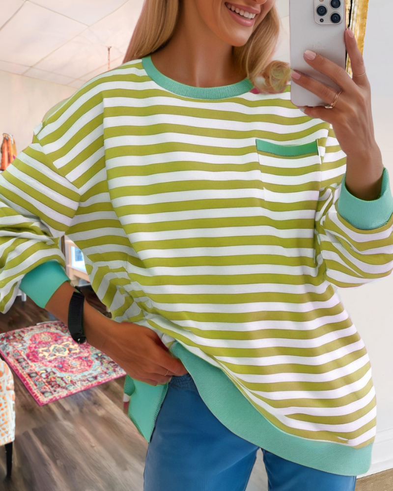 Striped Contrast Ribbed Trim Sweatshirt