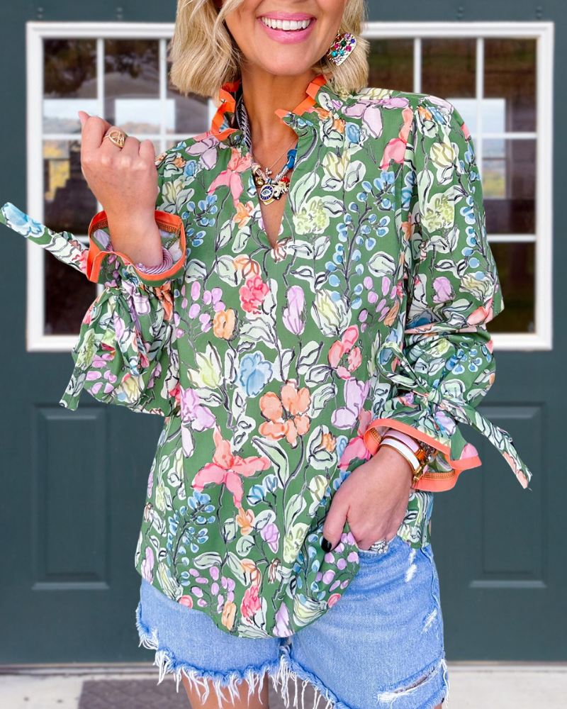 Charming Floral Ruffle Satin Top