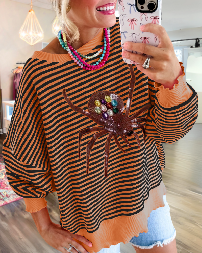 Oversized Spider Sequined Stripe Sweatshirt