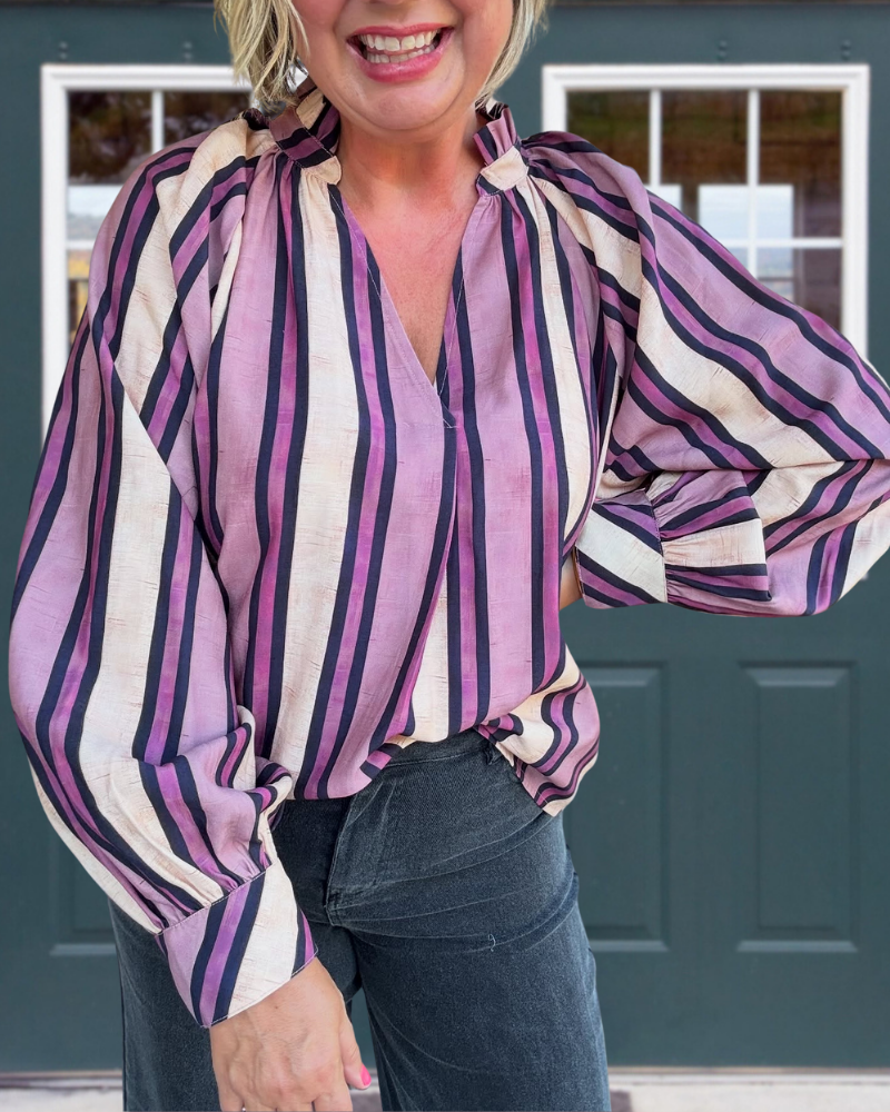 Fashion Striped Satin V-Neck Top