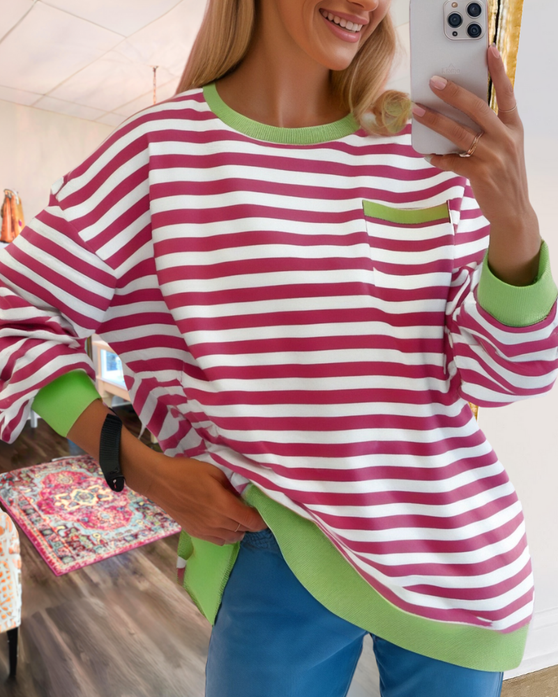 Striped Contrast Ribbed Trim Sweatshirt