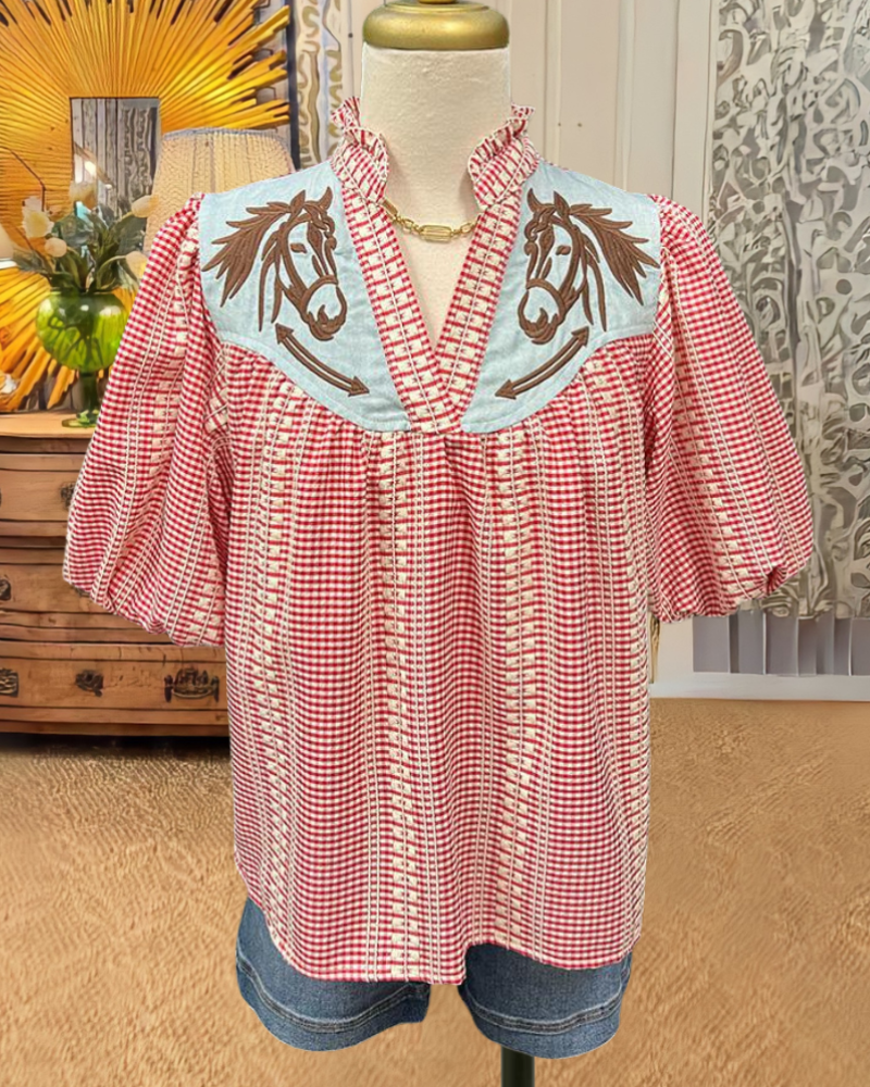Chic Embroidered Horse Check Top