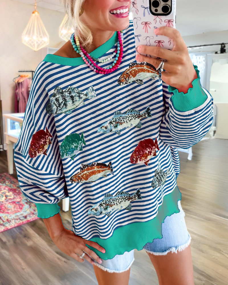 Fashion Fish Sequined Striped Sweatshirt