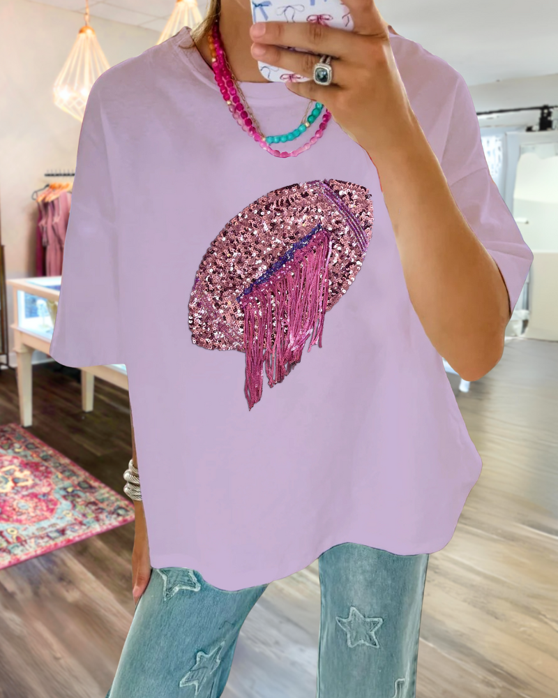 Football Sequined Tassel Design T-shirt